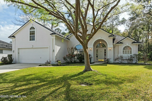 view of front of home with driveway, a garage, a front lawn, and stucco siding