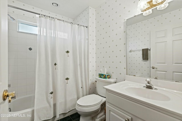 full bathroom featuring wallpapered walls, toilet, tile patterned floors, shower / bathtub combination with curtain, and vanity