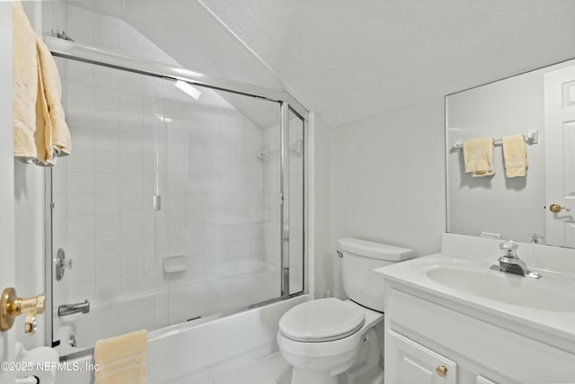 full bathroom with toilet, enclosed tub / shower combo, vaulted ceiling, vanity, and tile patterned flooring