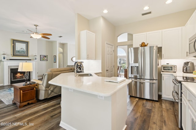 kitchen with a peninsula, appliances with stainless steel finishes, a sink, and tasteful backsplash