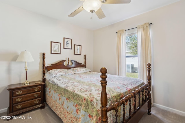 bedroom featuring carpet flooring, a ceiling fan, and baseboards