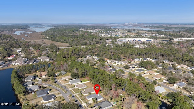 aerial view featuring a water view and a residential view