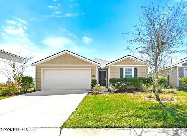 ranch-style house with an attached garage, driveway, and a front yard