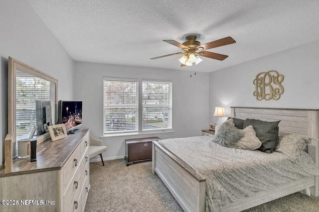 bedroom with light carpet, a textured ceiling, baseboards, and multiple windows