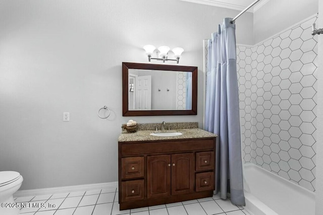 full bathroom featuring shower / bath combination with curtain, toilet, ornamental molding, vanity, and tile patterned floors