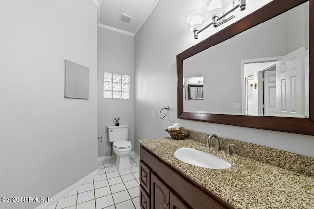 half bath with visible vents, toilet, ornamental molding, vanity, and tile patterned floors