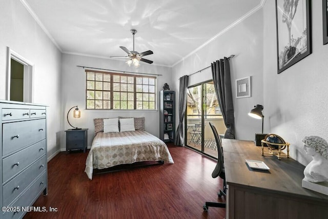 bedroom featuring baseboards, dark wood finished floors, a ceiling fan, access to exterior, and crown molding