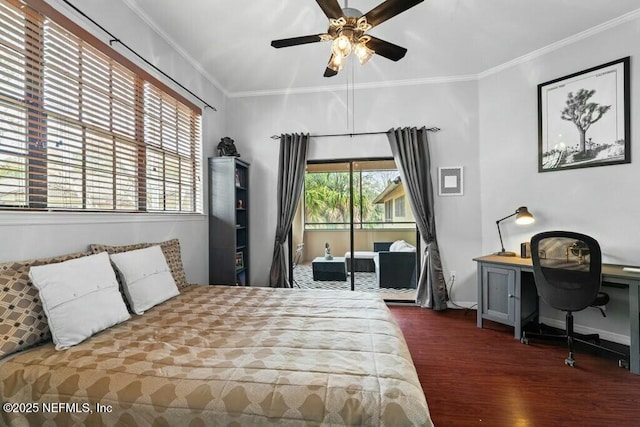 bedroom with baseboards, a ceiling fan, dark wood-style floors, ornamental molding, and access to exterior