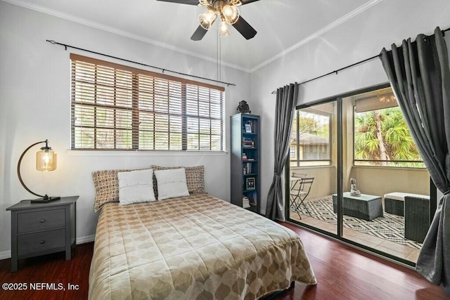 bedroom with dark wood-type flooring, access to exterior, crown molding, and a ceiling fan