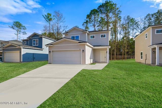 view of front of house with a garage, a front yard, and driveway