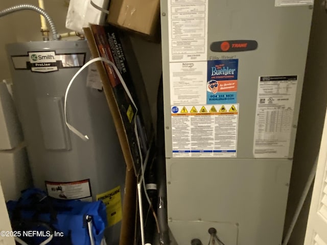 utility room featuring water heater and heating unit