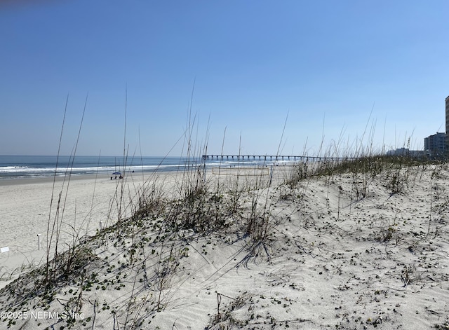 property view of water featuring a beach view