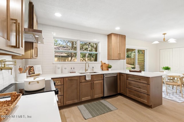 kitchen featuring light wood-style floors, a sink, a peninsula, and stainless steel dishwasher