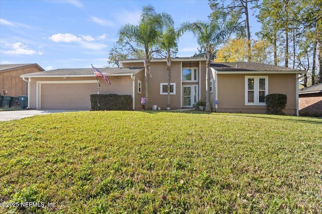 view of front of house featuring a garage, stucco siding, concrete driveway, and a front yard