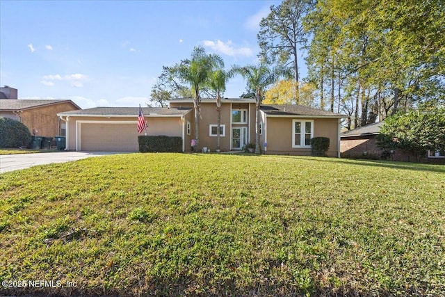 ranch-style house with a garage, a front yard, driveway, and stucco siding