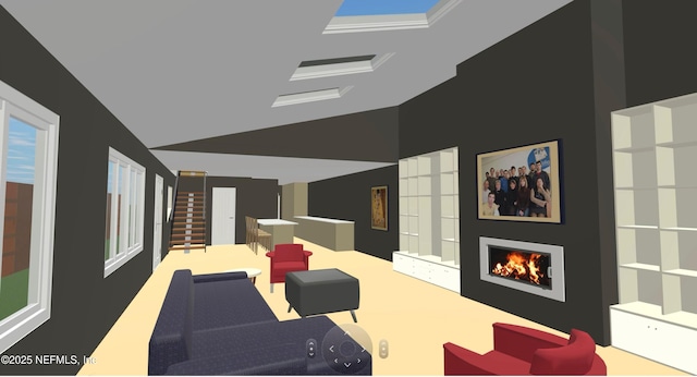 interior space featuring lofted ceiling, a lit fireplace, and coffered ceiling