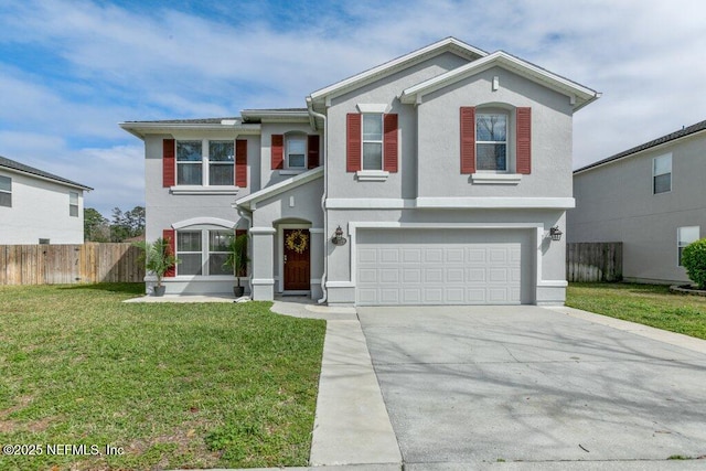 view of front facade featuring concrete driveway, an attached garage, fence, a front lawn, and stucco siding