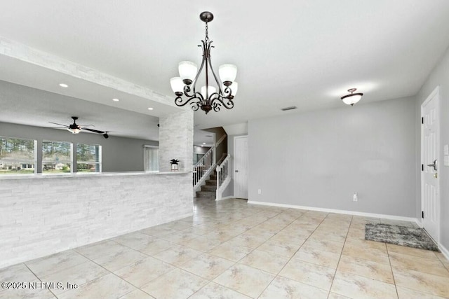 empty room with baseboards, visible vents, a ceiling fan, stairway, and recessed lighting