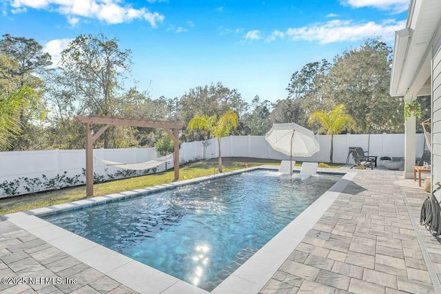 view of swimming pool featuring a patio area, a fenced backyard, and a fenced in pool