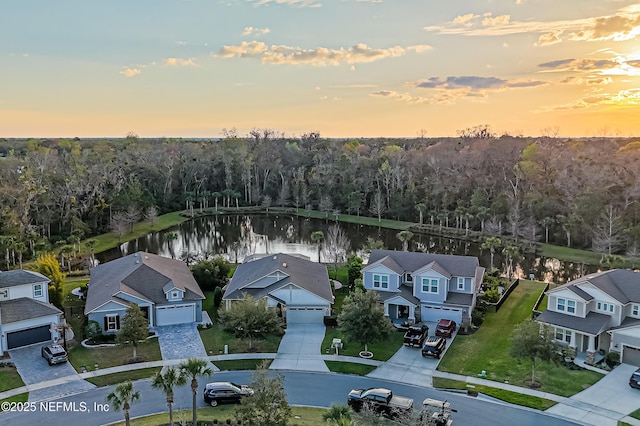 bird's eye view featuring a water view, a residential view, and a view of trees