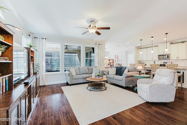 living room with dark wood-type flooring, ornamental molding, a textured ceiling, and a ceiling fan