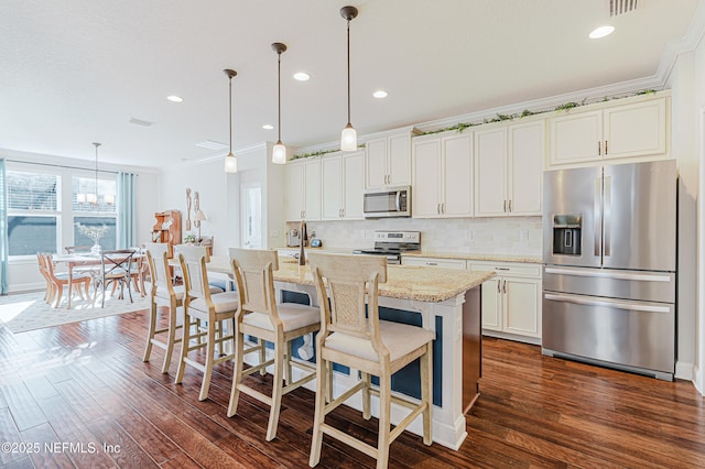 kitchen featuring crown molding, decorative backsplash, stainless steel appliances, and dark wood-style flooring