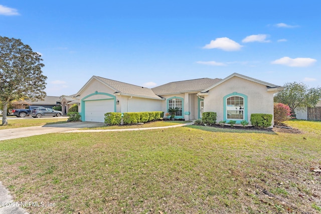 single story home with a front yard, driveway, an attached garage, and stucco siding