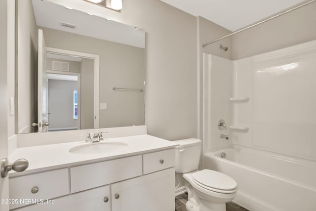 full bathroom featuring toilet,  shower combination, vanity, and visible vents