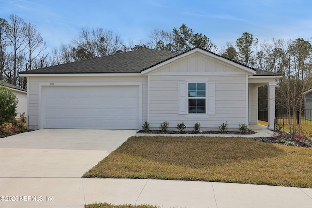 single story home with a front yard, driveway, roof with shingles, a garage, and board and batten siding