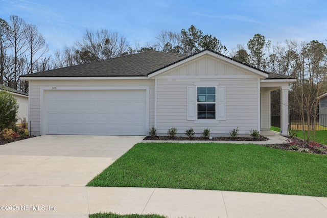 ranch-style house with board and batten siding, a shingled roof, a front lawn, a garage, and driveway