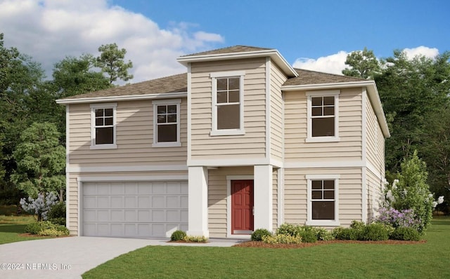 view of front of home with an attached garage, driveway, and a front yard