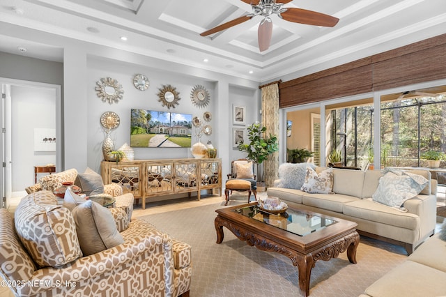 interior space featuring ceiling fan, recessed lighting, coffered ceiling, beam ceiling, and crown molding