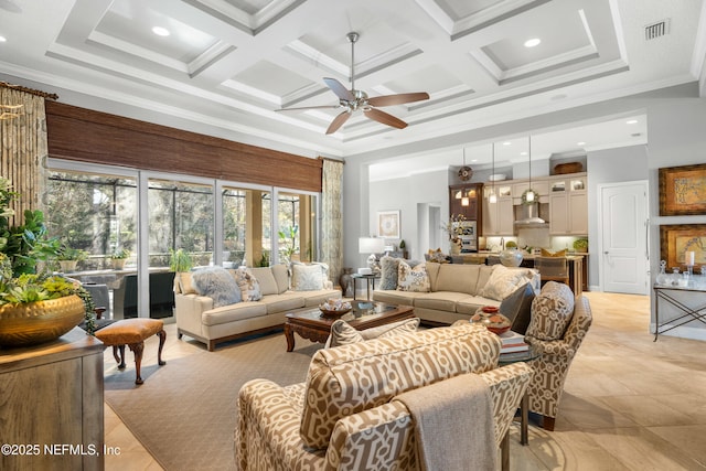 5092 Commissioners Dr, Jacksonville, FL 32224 - living room with ornamental molding, coffered ceiling, visible vents, and a high ceiling