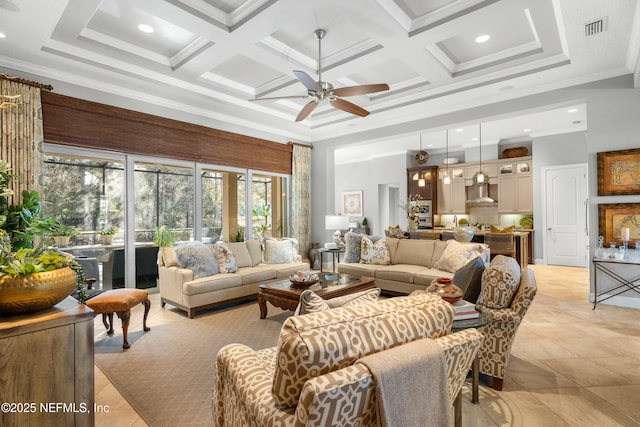 living room with ornamental molding, coffered ceiling, visible vents, and a high ceiling