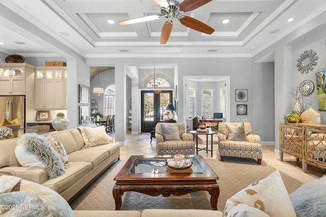 living room featuring a high ceiling, coffered ceiling, a ceiling fan, french doors, and ornamental molding