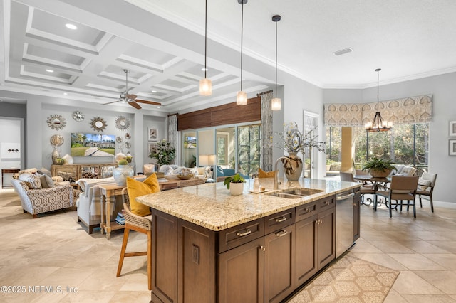 kitchen featuring visible vents, stainless steel dishwasher, open floor plan, a sink, and coffered ceiling