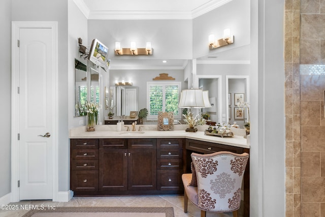 full bath with ornamental molding, tile patterned flooring, and vanity