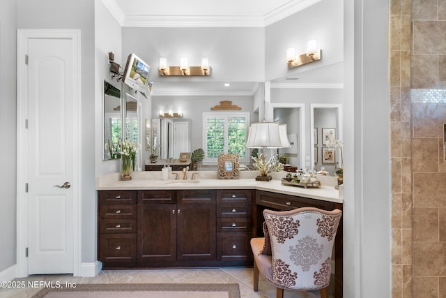 full bath with tile patterned flooring, crown molding, and vanity