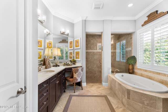 full bath featuring a garden tub, recessed lighting, vanity, walk in shower, and crown molding