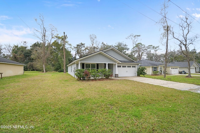 single story home with a garage, concrete driveway, and a front yard