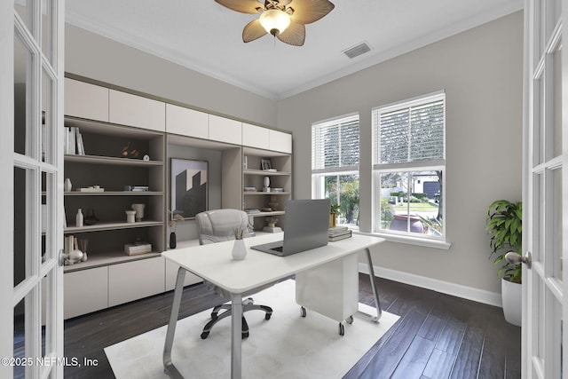 office area with visible vents, baseboards, dark wood finished floors, and crown molding