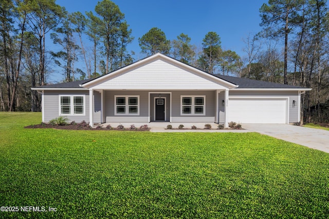 ranch-style house featuring a porch, a front yard, driveway, and an attached garage