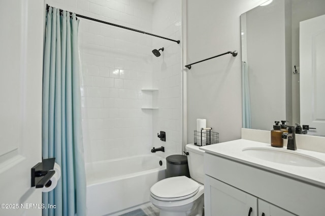 full bath with toilet, shower / bath combination with curtain, and vanity