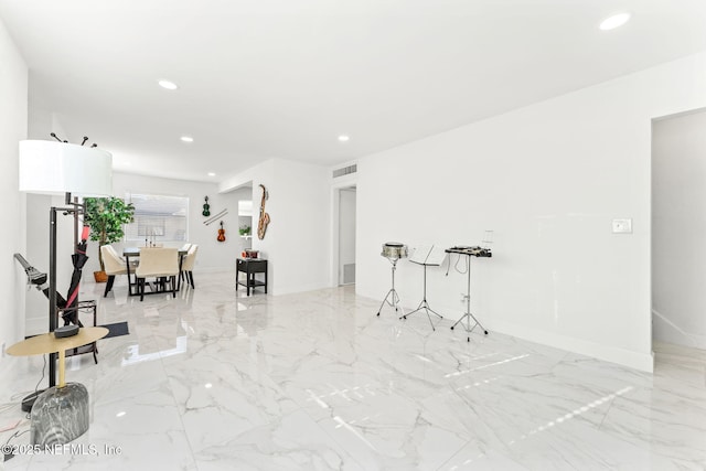 interior space featuring recessed lighting, marble finish floor, visible vents, and baseboards