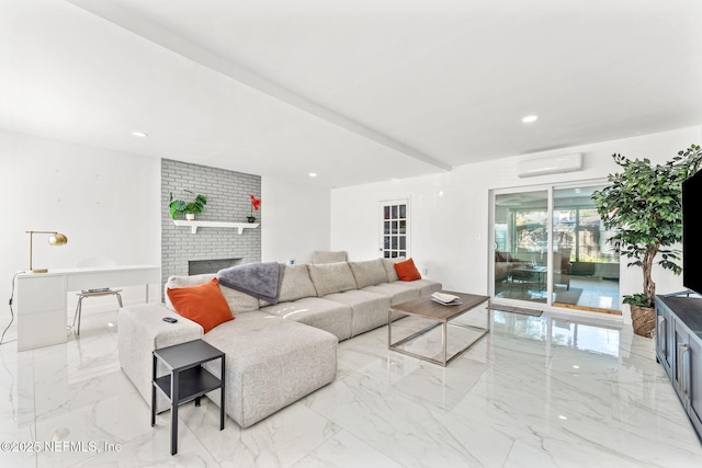 living room featuring marble finish floor, recessed lighting, a fireplace, and a wall mounted air conditioner