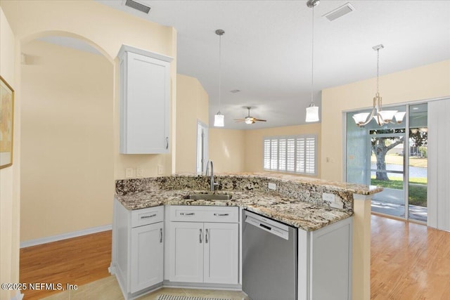 kitchen with a sink, visible vents, white cabinets, and dishwasher