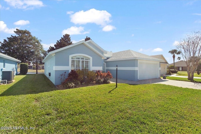 single story home featuring cooling unit, driveway, a front lawn, and stucco siding