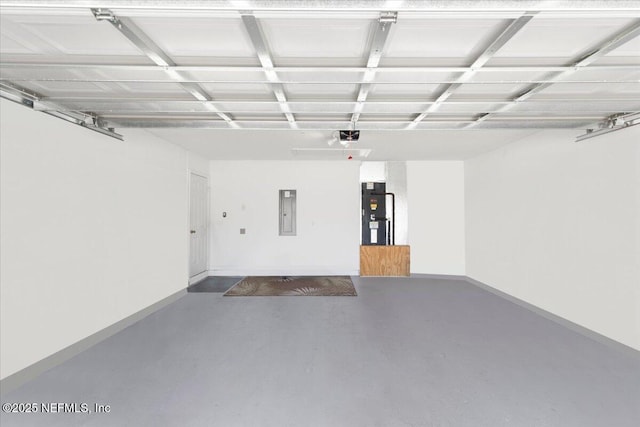 garage featuring a garage door opener, heating unit, electric panel, and baseboards