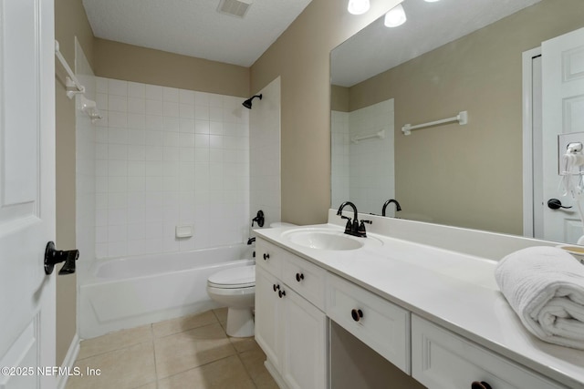 bathroom featuring bathtub / shower combination, visible vents, toilet, vanity, and tile patterned floors