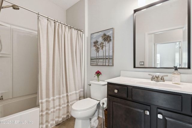 bathroom with vanity, toilet, and shower / bath combo